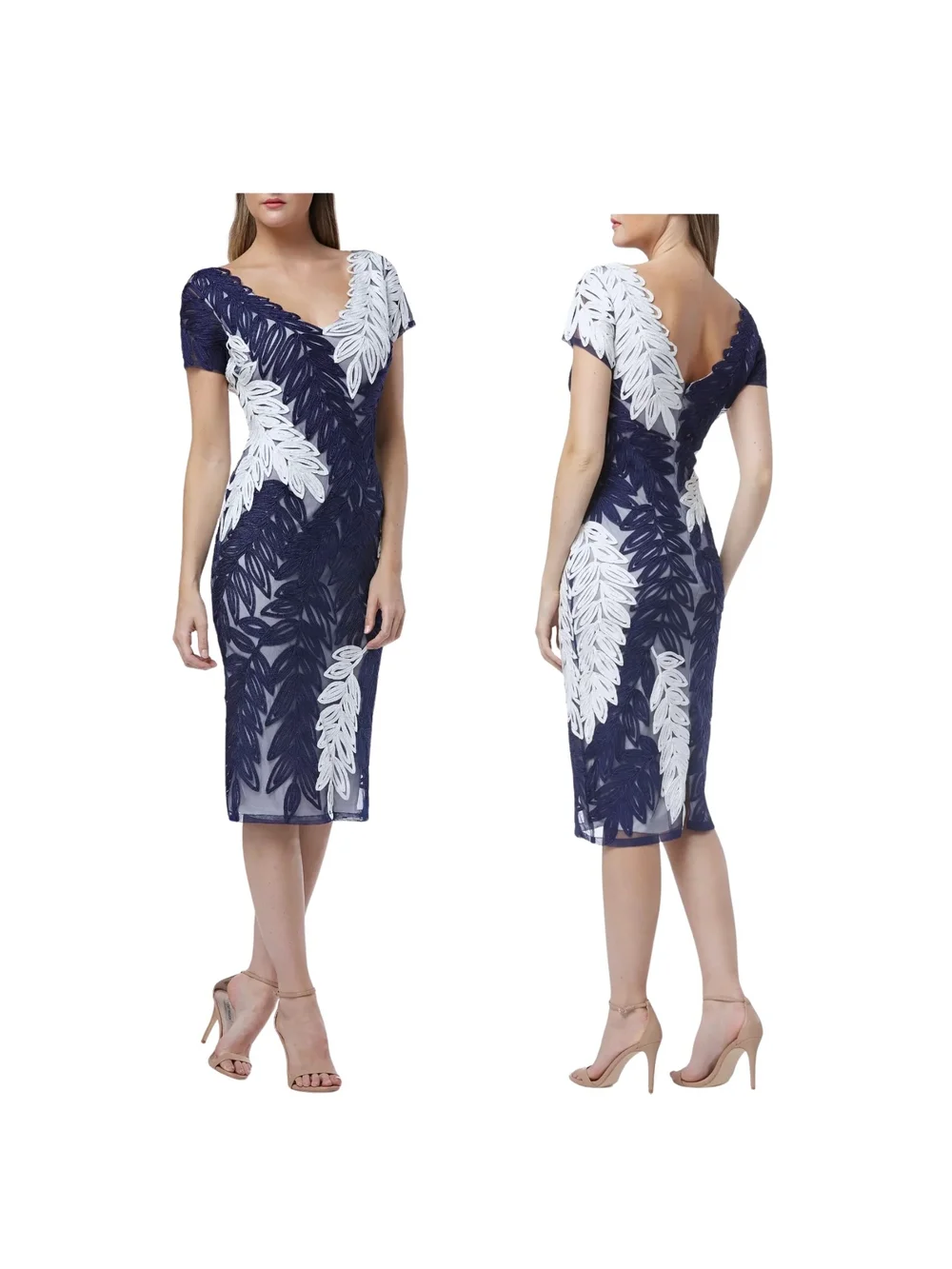 JS Collections Navy Ivory Applique Illusion Cocktail Sheath Dress Size 2